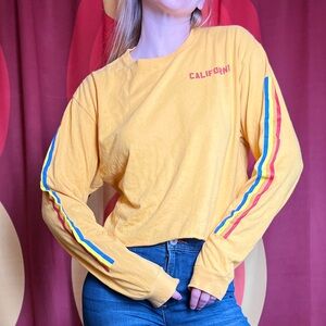 Yellow Long Sleeve Cropped Tee with Rainbow Stripes
